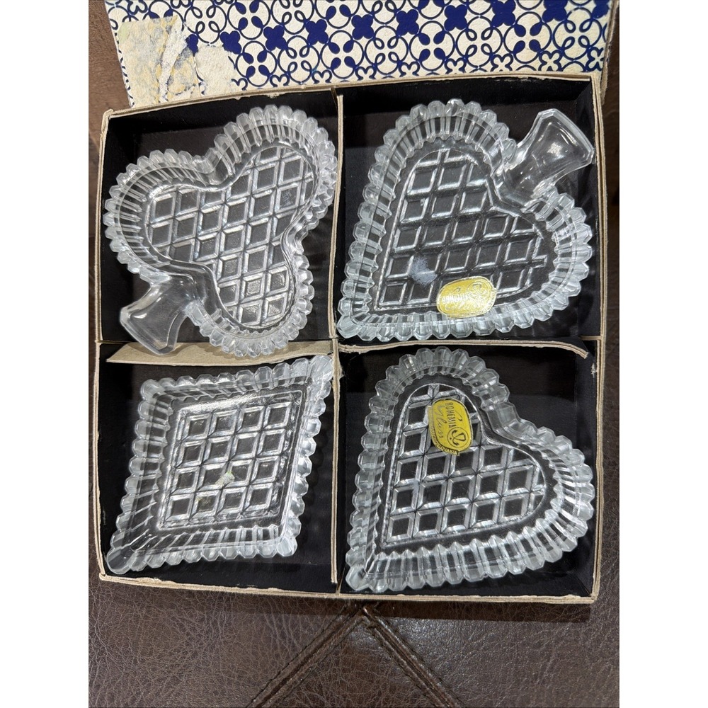 Vintage Bohemia Glass Card Suit Dishes Set of 4 Clear Crystal Poker Bridge